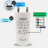 condensateur de 2.5 uF pour moteur Somfy Simu, permanent ou démarrage