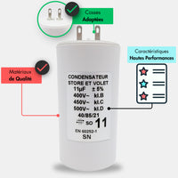 Condensateur de 11 µF de store et volet roulant, cosse de 2.8 mm