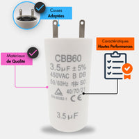 condensateur avec cosses pour moteur de 10 Nm 3.5 µF 3,5 uF