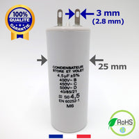 condensateur 4.5 uF pour moteur de store et volet, permanent ou démarrage