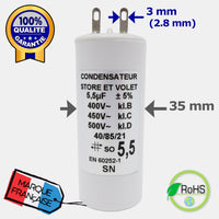 condensateur 5,5 uF pour motorisation de store ou volet, permanent ou démarrage